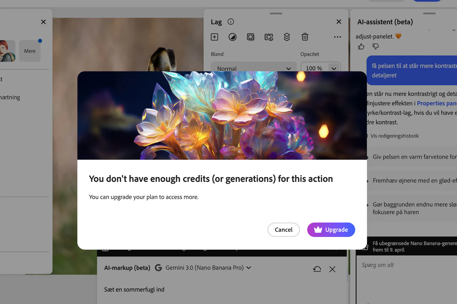 Vi havde masser af credits, men måtte ikke generere indhold med den nye AI-markup-funktion. Vi havde masser af credits, men måtte ikke generere indhold med den nye AI-markup-funktion.